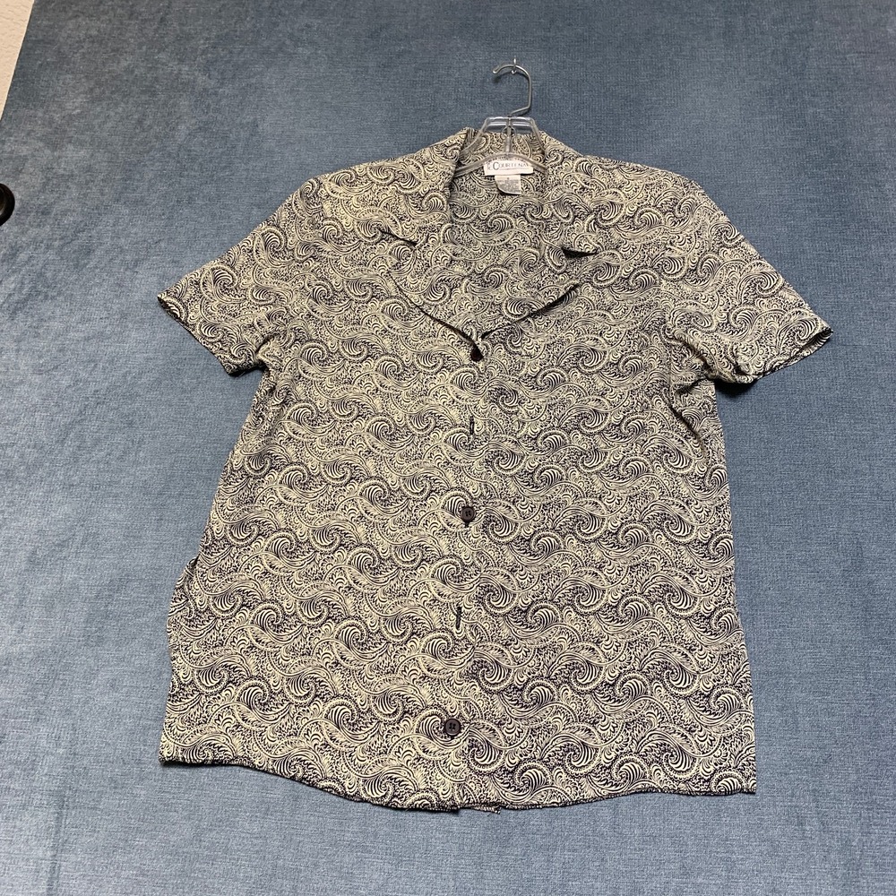 Courtenay Hawaiian Shirt Womens 6 Beige Black Camp Collar Button Front Beach